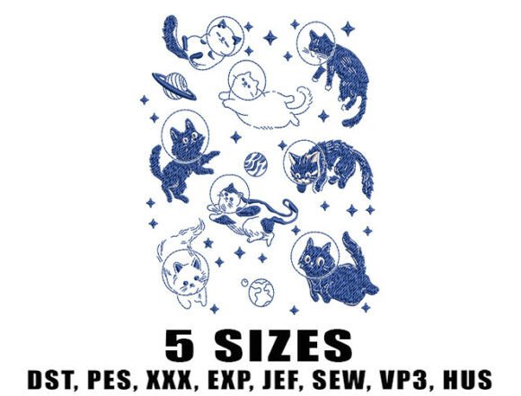 Blue Space Cats Embroidery Designs