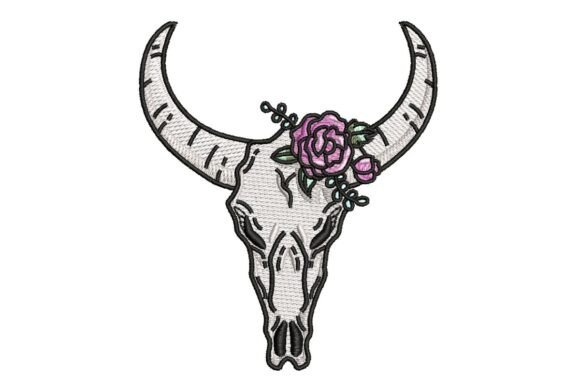 Floral Longhorn Skull Embroidery Design