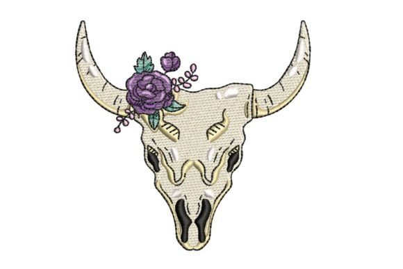 Floral Longhorn Skull with Purple Rose Embroidery Design